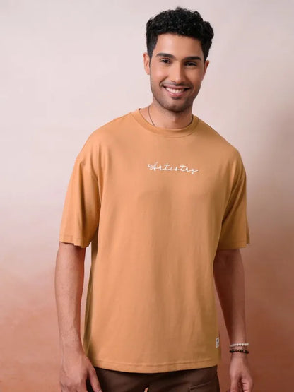 Suburbans Men Premium Puff Printed Rust Round Neck Half Sleeve Oversized Fit T-Shirt