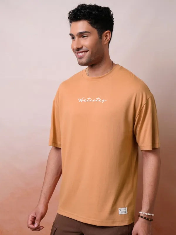 Suburbans Men Premium Puff Printed Rust Round Neck Half Sleeve Oversized Fit T-Shirt