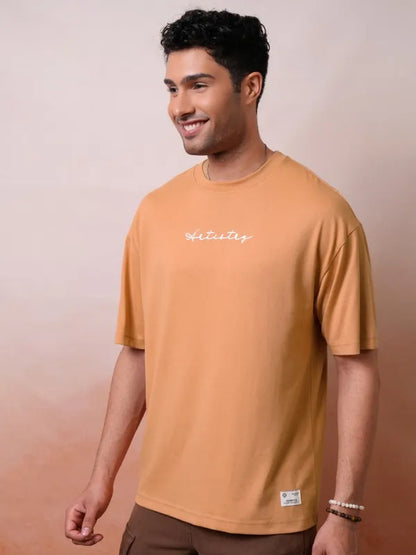 Suburbans Men Premium Puff Printed Rust Round Neck Half Sleeve Oversized Fit T-Shirt