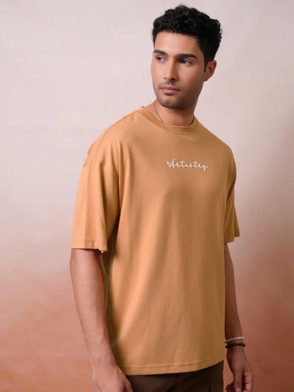 Suburbans Men Premium Puff Printed Rust Round Neck Half Sleeve Oversized Fit T-Shirt