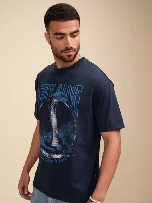 Men Navy Blue Printed Round Neck Relaxed Fit T-Shirt