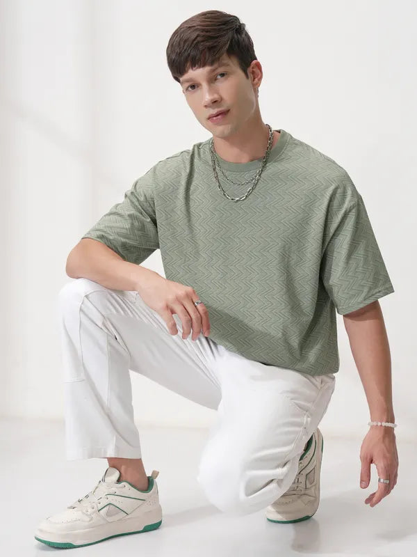 Suburbans Men Olive Self Design Relaxed Fit T-Shirt