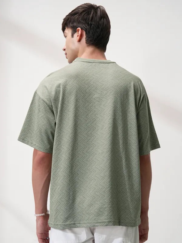 Suburbans Men Olive Self Design Relaxed Fit T-Shirt