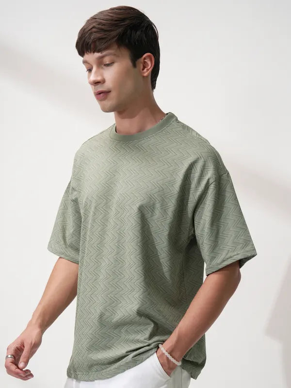 Suburbans Men Olive Self Design Relaxed Fit T-Shirt