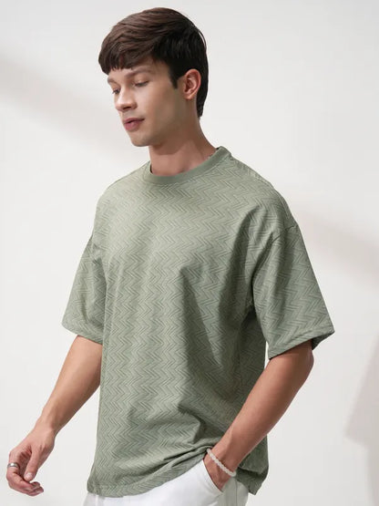 Suburbans Men Olive Self Design Relaxed Fit T-Shirt