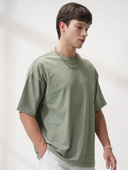 Suburbans Men Olive Self Design Relaxed Fit T-Shirt