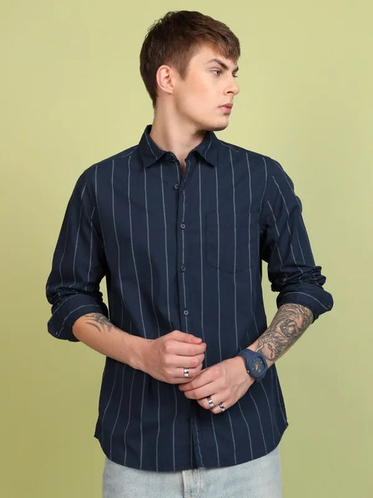 Suburbans Men Navy Blue Striped Slim Fit Casual Shirt