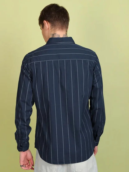 Suburbans Men Navy Blue Striped Slim Fit Casual Shirt
