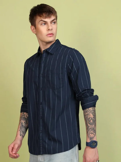 Suburbans Men Navy Blue Striped Slim Fit Casual Shirt