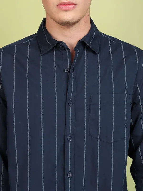 Suburbans Men Navy Blue Striped Slim Fit Casual Shirt