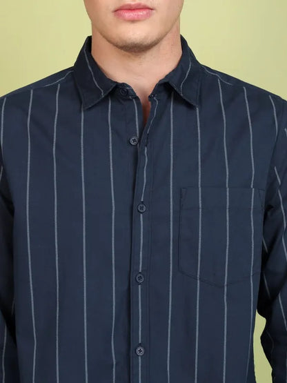 Suburbans Men Navy Blue Striped Slim Fit Casual Shirt