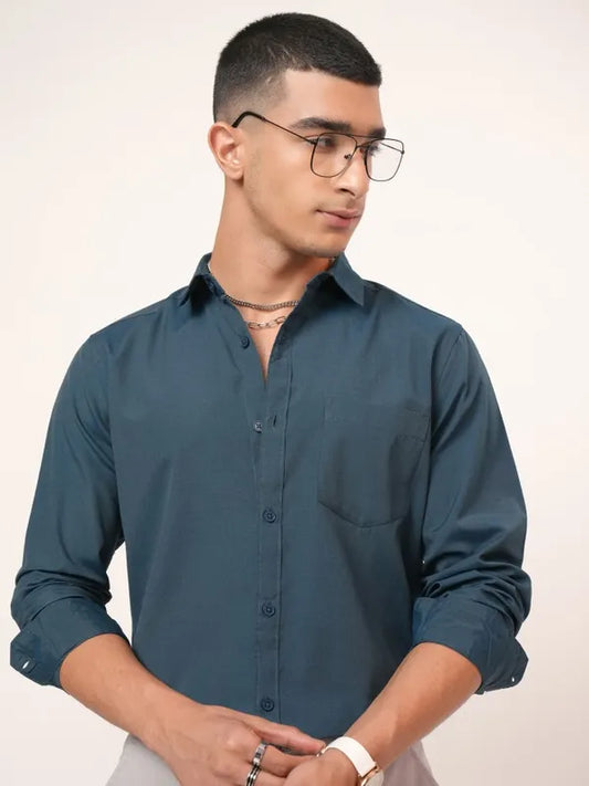 Suburbans Men Teal Solid Slim Fit Casual Shirts