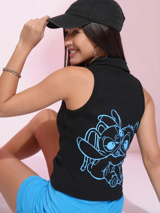 Suburbans  Women Black Angel & Stitch Embroidered Fitted Top