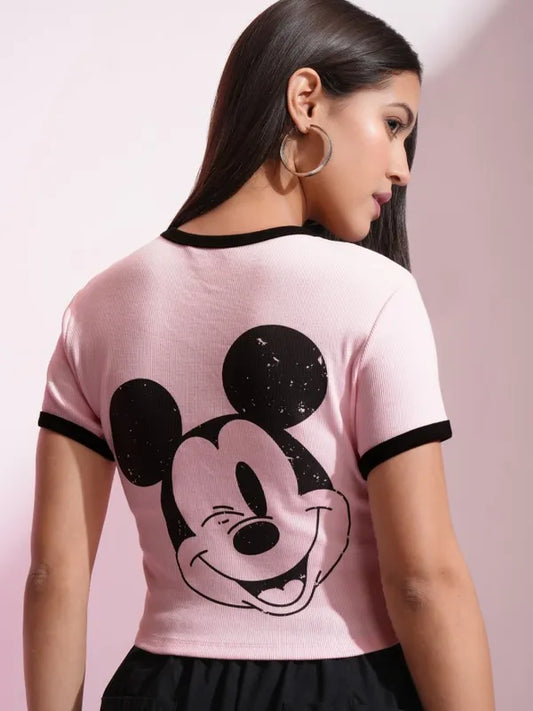 Suburbans  Women Pink Mickey Mouse Embroidered Fitted Top