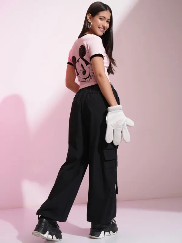 Suburbans  Women Pink Mickey Mouse Embroidered Fitted Top