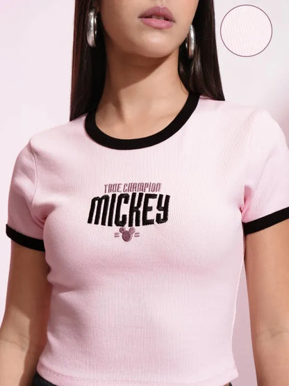 Suburbans  Women Pink Mickey Mouse Embroidered Fitted Top