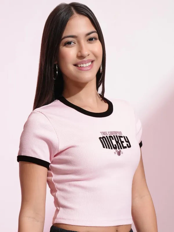 Suburbans  Women Pink Mickey Mouse Embroidered Fitted Top