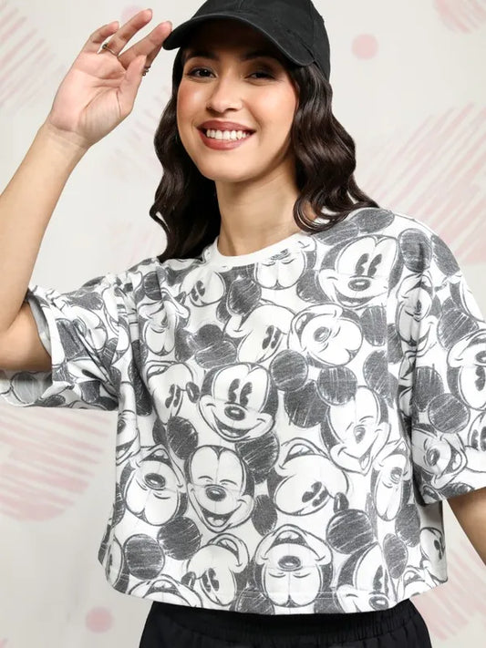 Suburbans   Women Black Mickey Mouse Printed Boxy Fit T-Shirt