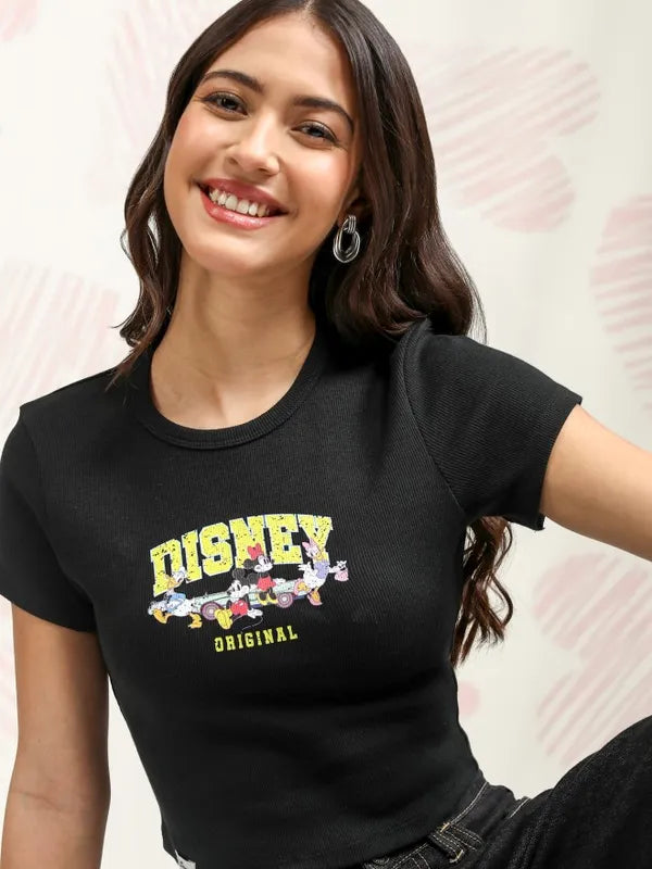 Suburbans  Women Black Mickey & Friends Printed Regular Fit T-Shirt