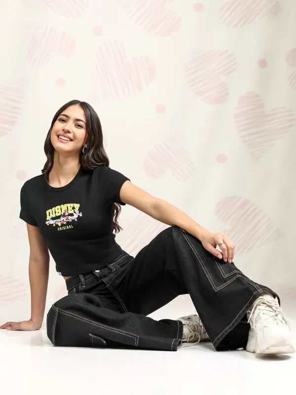 Suburbans  Women Black Mickey & Friends Printed Regular Fit T-Shirt