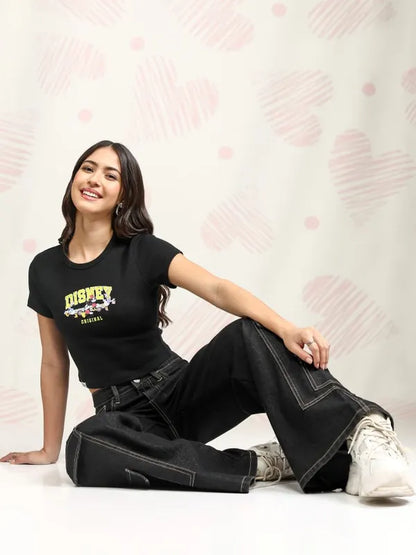 Suburbans  Women Black Mickey & Friends Printed Regular Fit T-Shirt