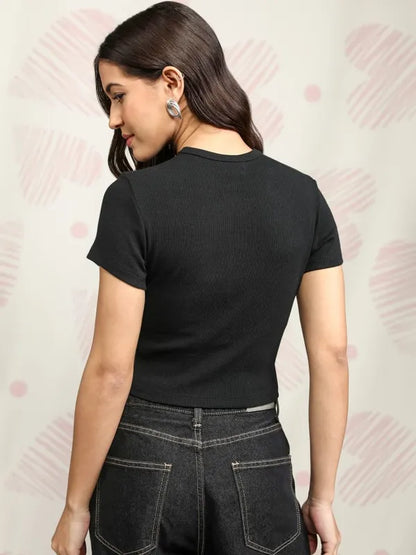 Suburbans  Women Black Mickey & Friends Printed Regular Fit T-Shirt