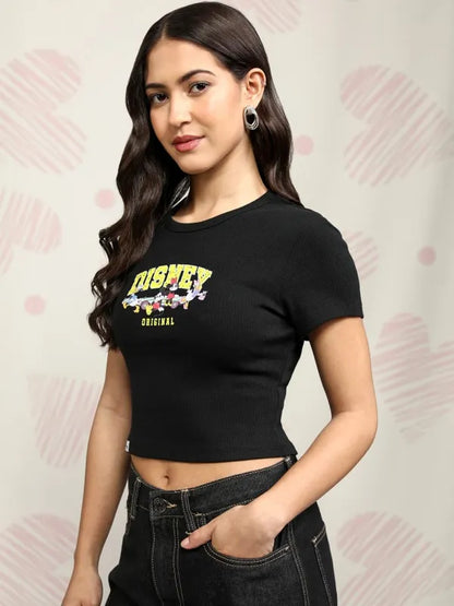 Suburbans  Women Black Mickey & Friends Printed Regular Fit T-Shirt