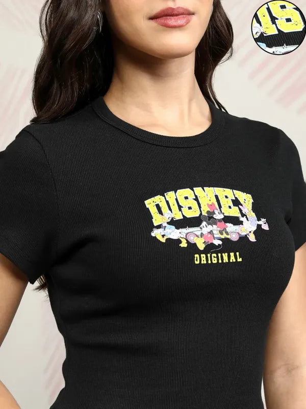 Suburbans  Women Black Mickey & Friends Printed Regular Fit T-Shirt