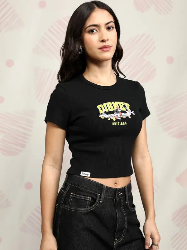 Suburbans  Women Black Mickey & Friends Printed Regular Fit T-Shirt
