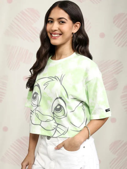 Women Green Lion King Printed Body Fit T-Shirt