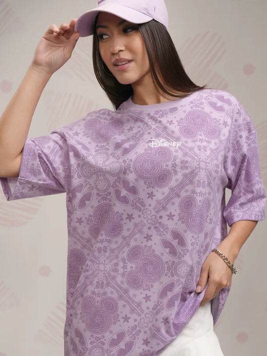 Suburbans  Women Lavender Mickey Mouse Printed Oversized Fit T-Shirt