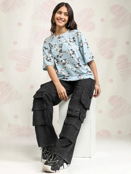 Suburbans  Women Blue Mickey Mouse Printed Boxy Fit T-Shirt