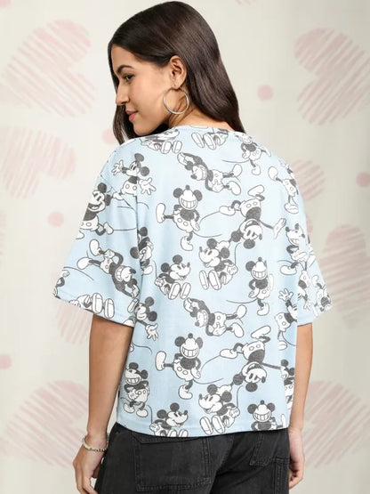 Suburbans  Women Blue Mickey Mouse Printed Boxy Fit T-Shirt