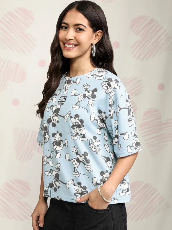 Suburbans  Women Blue Mickey Mouse Printed Boxy Fit T-Shirt