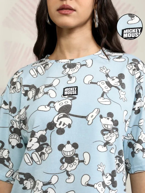 Suburbans  Women Blue Mickey Mouse Printed Boxy Fit T-Shirt