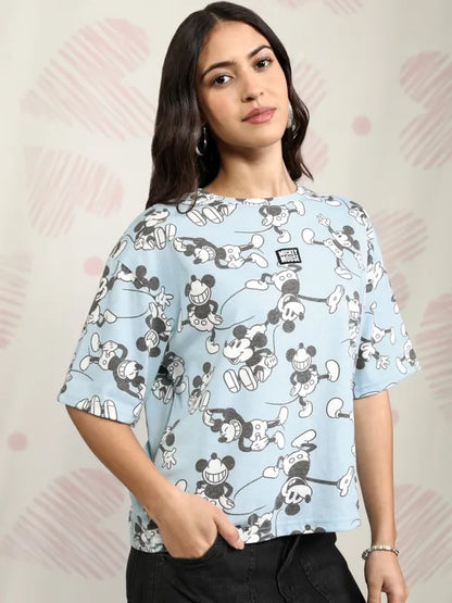 Suburbans  Women Blue Mickey Mouse Printed Boxy Fit T-Shirt