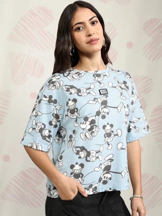Suburbans  Women Blue Mickey Mouse Printed Boxy Fit T-Shirt