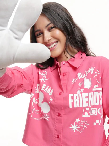 Women Pink Mickey Mouse Printed Boxy Fit Crop Shirt