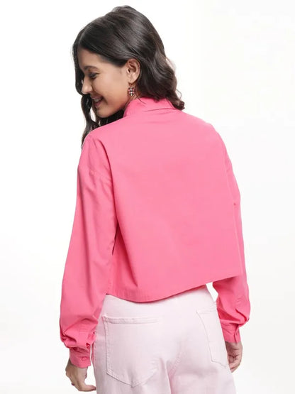 Women Pink Mickey Mouse Printed Boxy Fit Crop Shirt