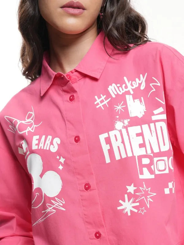Women Pink Mickey Mouse Printed Boxy Fit Crop Shirt