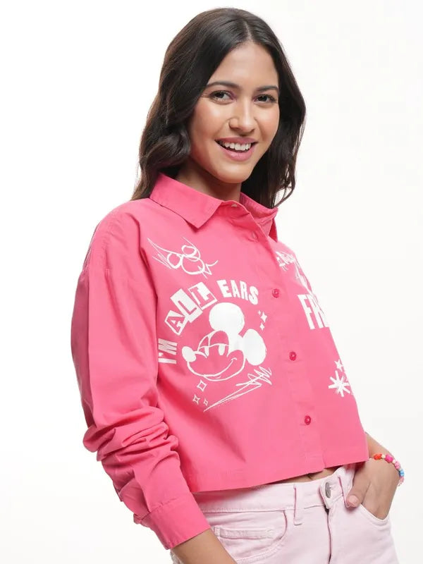 Women Pink Mickey Mouse Printed Boxy Fit Crop Shirt