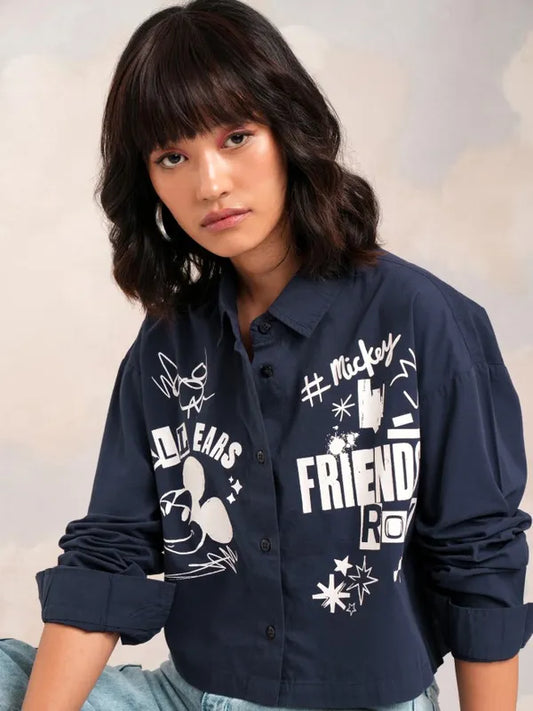 Suburbans  Women Navy Mickey Mouse Printed Boxy Fit Crop Shirt