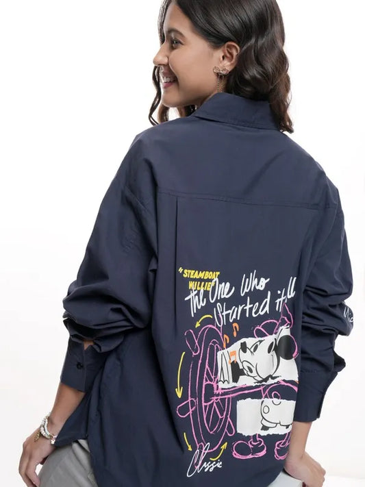 Suburbans  Women Navy Mickey Mouse Printed Oversized Shirt
