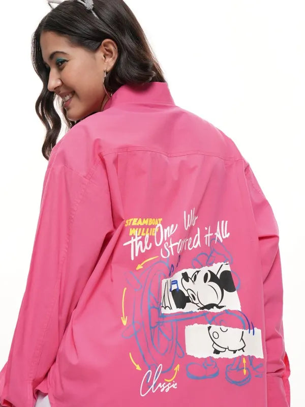 Women Pink Mickey Mouse Applique Casual Shirt