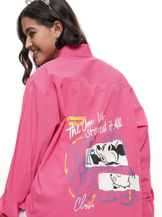 Women Pink Mickey Mouse Applique Casual Shirt