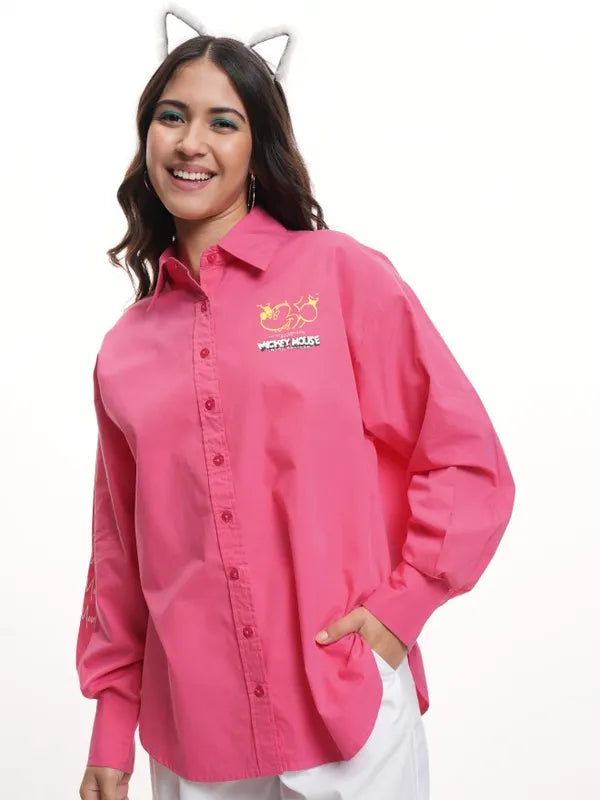 Women Pink Mickey Mouse Applique Casual Shirt