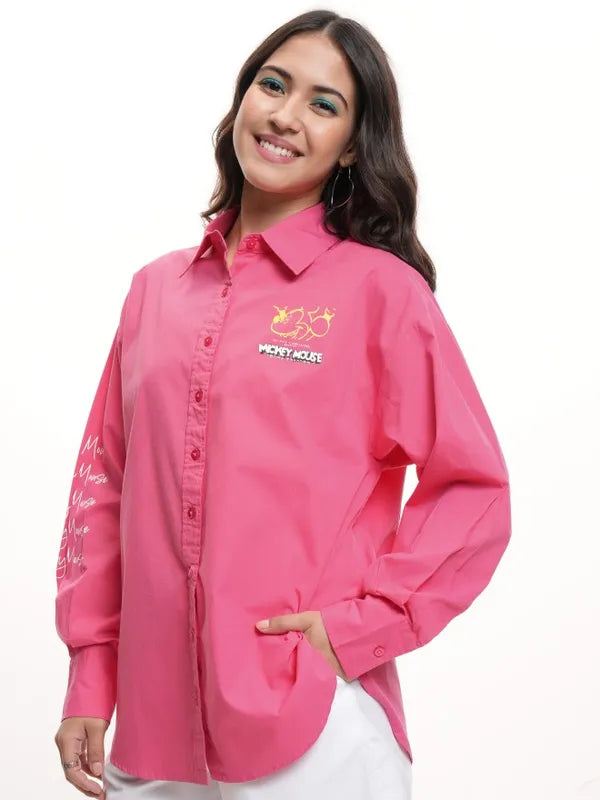 Women Pink Mickey Mouse Applique Casual Shirt