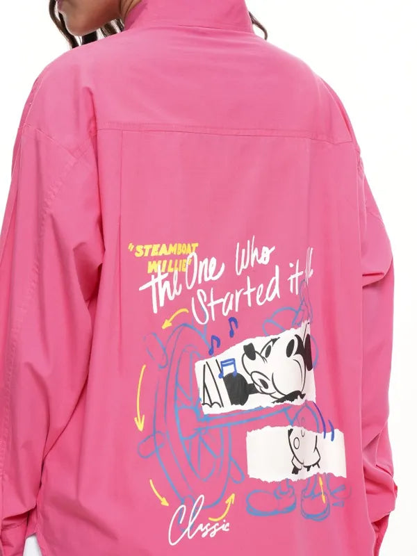 Women Pink Mickey Mouse Applique Casual Shirt