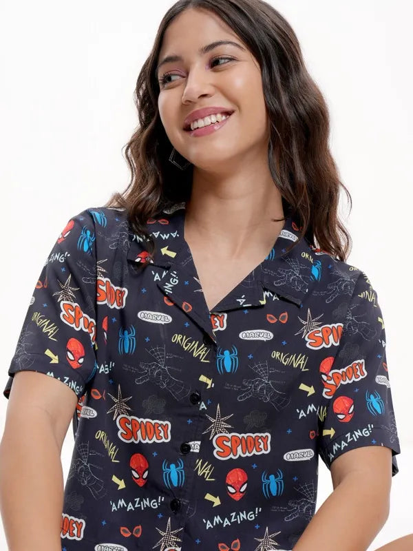 Suburbans  Women Navy Blue Spiderman Printed Boxy Fit Crop Casual Shirt