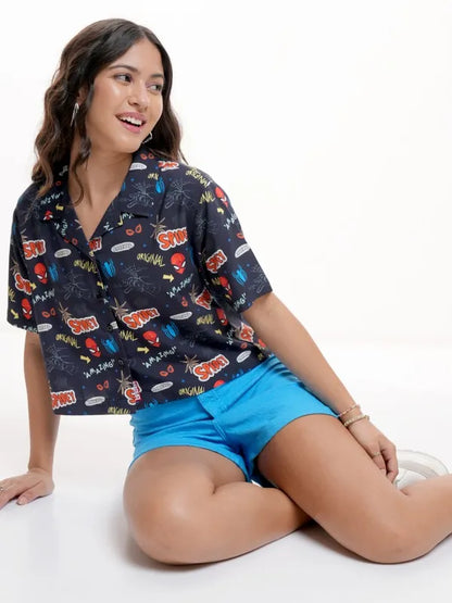 Suburbans  Women Navy Blue Spiderman Printed Boxy Fit Crop Casual Shirt